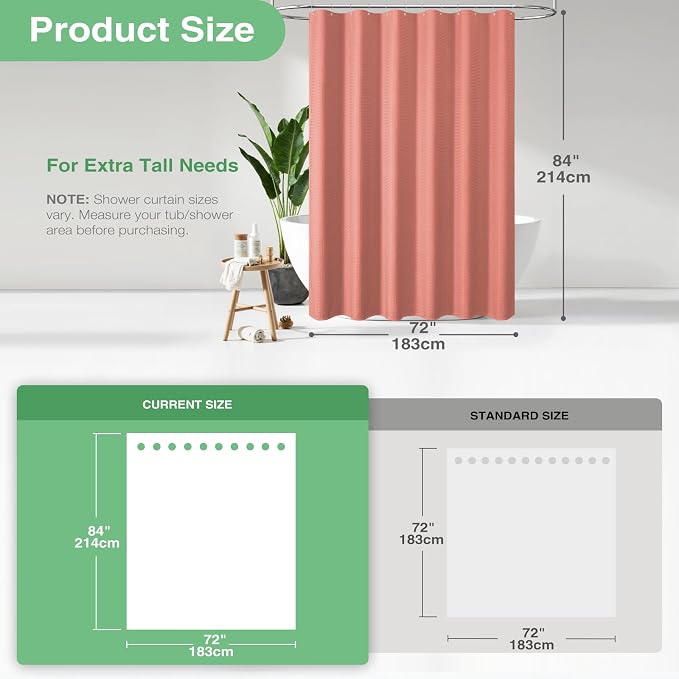 Dynamene Extra Long Shower Curtain - 84 Inch Long Waffle Weave Heavy Duty Fabric Bathroom Shower Curtain, Neutral Weighted Hotel Thick Bath Curtain Set with 12 Plastic Hooks,72x84, Coral