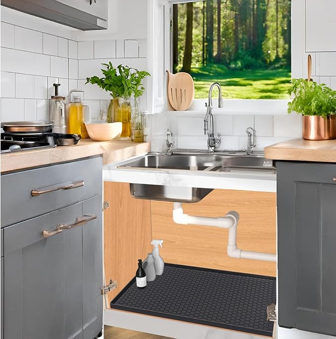 Under Sink Mat 25 x 19, Silicone Under Sink Mats for Kitchen Waterproof, Under Sink Liner, Easy to Clean Bathroom Cabinet Mat Organizers and Storage, Black