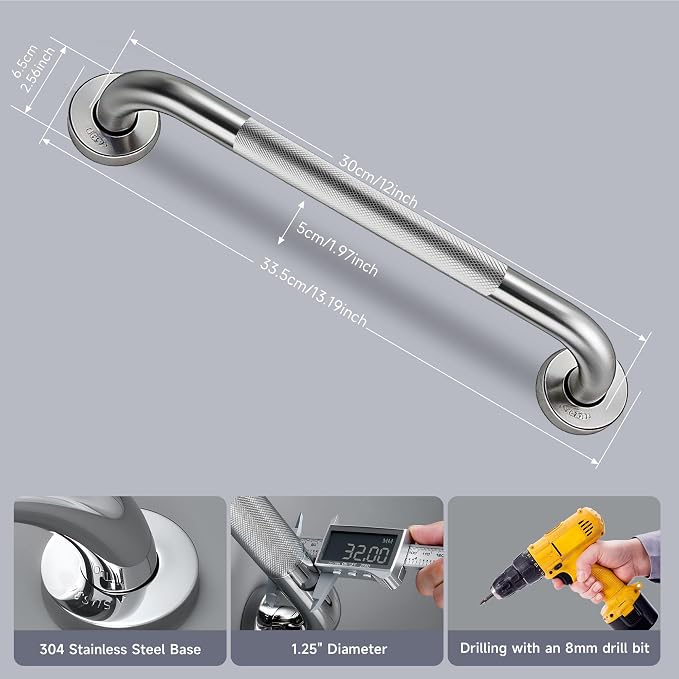 12 Inch Shower Grab Bar 1.25" Dia,Brushed Nickel Anti Slip Bathroom Grab Bar, 304 Stainless Steel Knurled Handicap Grab Bars, Safety Support Handrail,Bath Shower Handle for Elderly Injury Senior