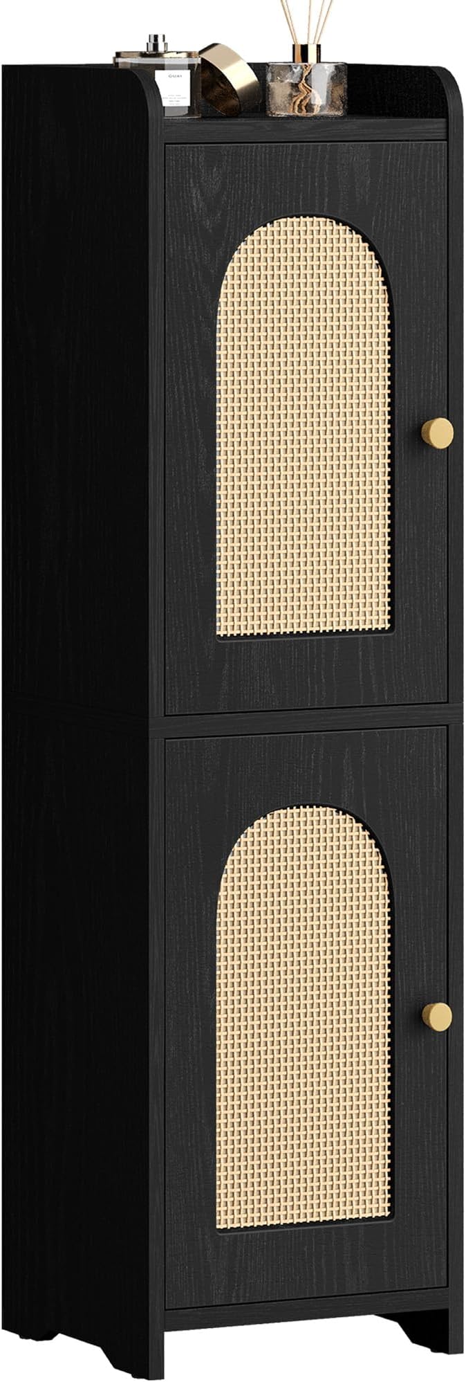 Hzuaneri Bathroom Storage Cabinet, Small Corner Floor Cabinet with 2 Doors and Adjustable Shelf, Narrow Toilet Paper Cabinets, Bathroom Organizer for Small Spaces, 7.9"D x 7.9"W x 29.5"H Rattan Black