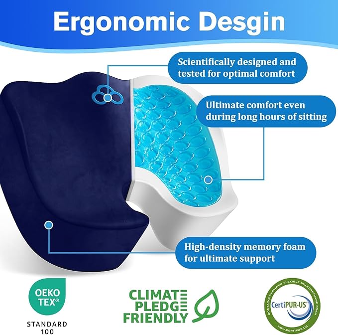 CushyOasis Seat Cushion, Gel Chair Cushions, Office Chair Cushions, Anti-Slip Bottom & Removable Cover Tailbone Pain Relief Cushion, Memory Foam Seat Cushion for Office, Wheelchair, Car (Blue)