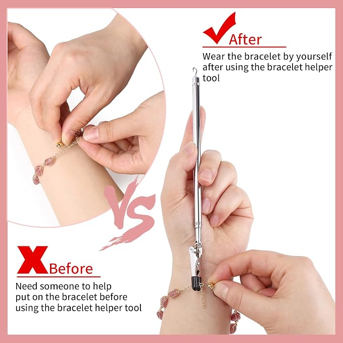 2 in 1 Bracelet Helper Tool Hook-WIFORT Metal Bracelet Helper Tool to Put on Yourself, Quick Release Fastening Bracelet Assistance Tool for Jewelry, Zipper, Jewelry Clasp Helper with Non-Slip Tips