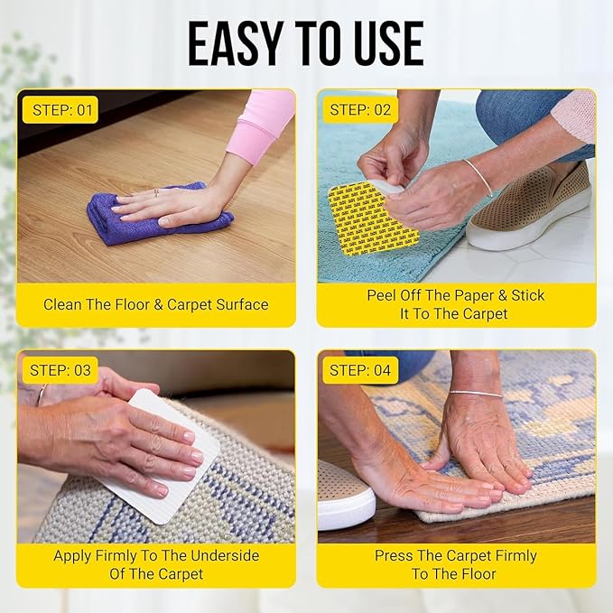 Alien Grip Rug Gripper Carpet Tape - 20pcs, 4x4 in. Anti-Slip Hardwood, Tile Floor, No Damage - Double Sided Reusable, Non Slip Corner Rug Pads - As Seen on TV