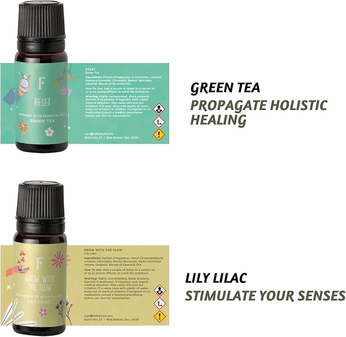 Folkulture Essential Oils Set | 6 Relaxing Fragrance Oils for Diffusers | Green Tea, Cashmere, Ocean Salt | Aromatherapy Gift Set for Her, Him | Graduation Gifts | Self-Care Lovers | Self Love Club