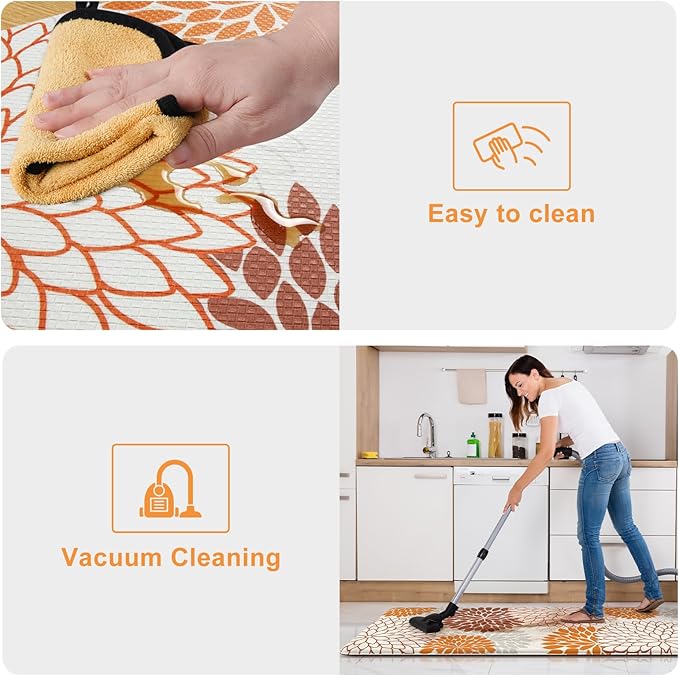 KIMODE Kitchen Mats for Floor Anti Fatigue, 17"x47"+17"x29" Dahlia Floral Kitchen Floor Mats,Farmhouse Kitchen Rugs Non Slip Cushioned, Comfort Standing Desk Mat for Sink, Laundry, Desk Orange