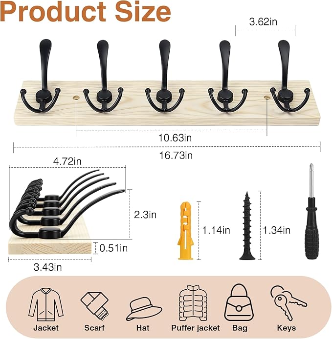 Wooden Coat Rack Wall Mount Heavy Duty, 2 Pack Coat Hanger Wall Mount with 5 Triple Hooks for Clothes, Jacket, Hat, Keys, Space Saving Entryway Organizer for Mudroom (Natural Plate & Black Hooks)