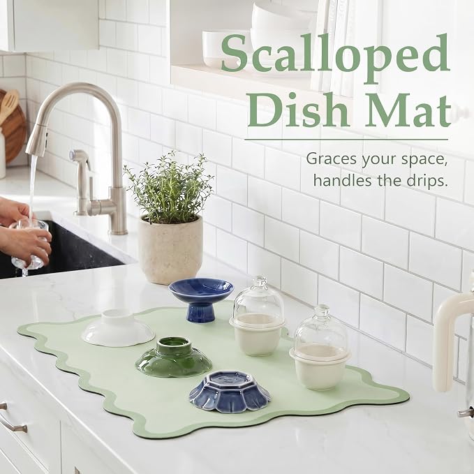 Scalloped Dish Drying Mat for Kitchen Counter, Absorbent Easy Clean Non-slip Coffee Bar Station Accessories, Trendy Cute Aesthetic Modern Drainer Kitchen Drying Mat, Sage Green 15" x 24"