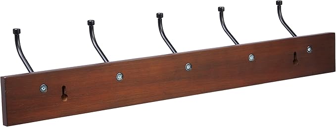 Amazon Basics Rectangular Farmhouse Wall-Mounted Coat Rack for Entryway and Bedroom, Storage Organizer, 5 Double Hooks, Light Walnut | Farmhouse