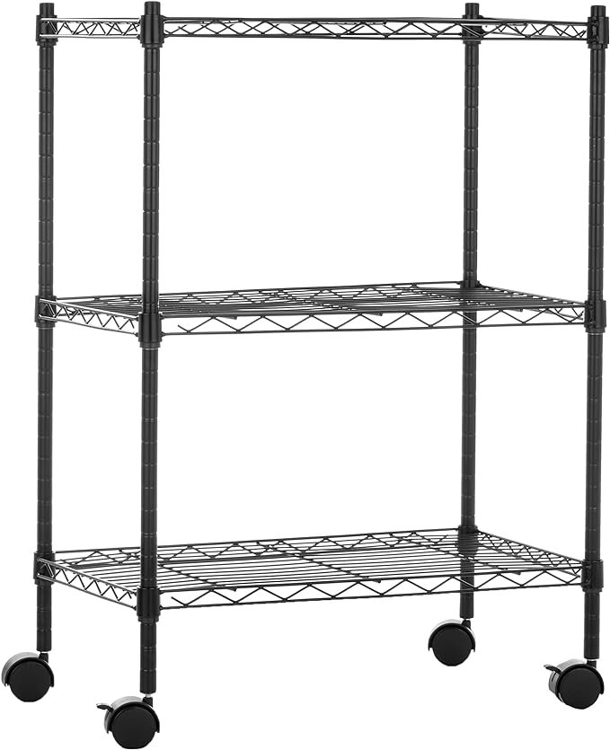 Amazon Basics 3-Shelf Adjustable Heavy Duty Storage Shelving Unit on 2" Wheels, Metal Wire Rack for Garage, Utility Shelving with Leveling Feet, 23.2"L x 13.4"W x 32.75"H, Black