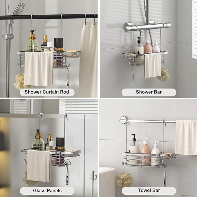 Hanging Shower Caddy, 304 Stainless Steel Shower Organizer with Towel Bar & Hooks, Over Shower Rod, Towel Bar or Glass Panel Storage Basket with Soap Holder, Rustproof Bathroom Caddy, 1 Pack