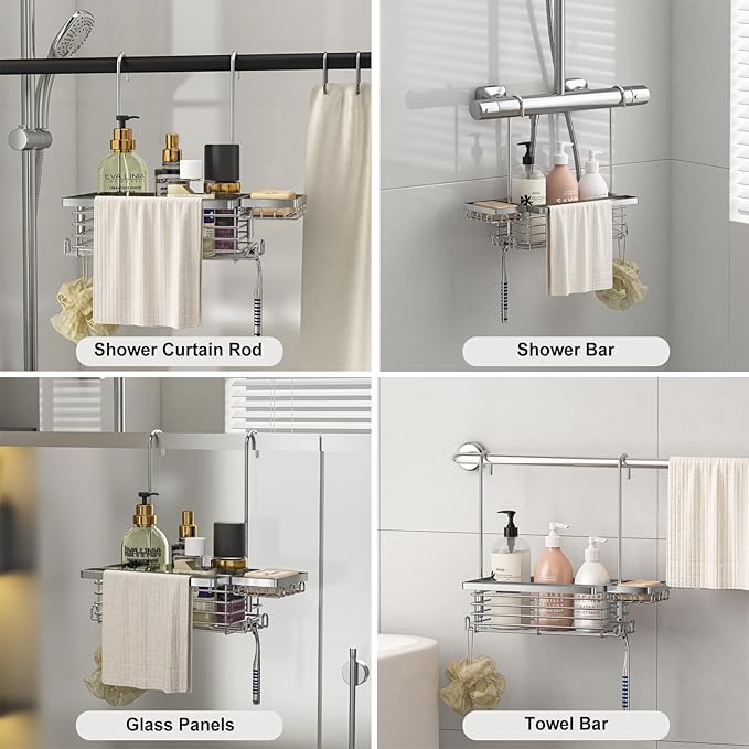 Hanging Shower Caddy, 304 Stainless Steel Shower Organizer with Towel Bar & Hooks, Over Shower Rod, Towel Bar or Glass Panel Storage Basket with Soap Holder, Rustproof Bathroom Caddy, 2 Pack