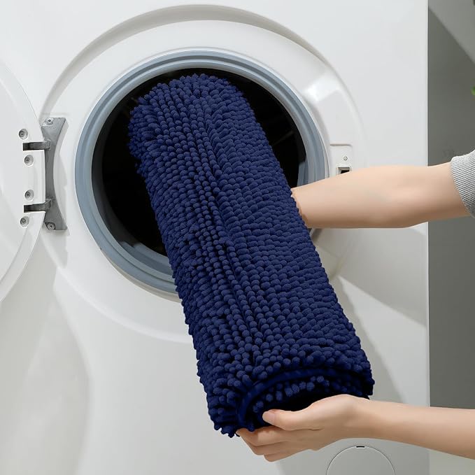 HOMEIDEAS 3 Pieces Bathroom Rugs, Extra Large Ultra Soft Non Slip Absorbent Chenille Toilet Bath Mat Set (Navy Blue)