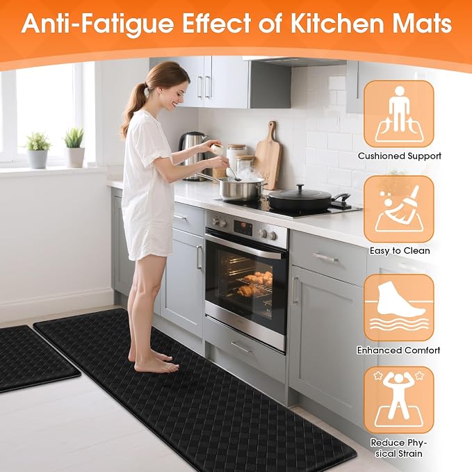 TranquilRelax Kitchen Mats, 2PCS Kitchen Rugs, Cushioned Anti Fatigue Kitchen Mats for Floor, Non-Slip Standing Desk Mat, Waterproof Kitchen Rug Set for Kitchen Floor Office,17.3"×30"+17.3"×59" Black