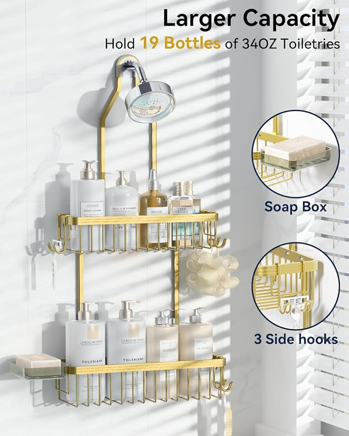 YASONIC Never Rust Shower Caddy Hanging, Aluminum Shower Racks for Inside Shower, 2-Tier Shower Organizer Hanging Over Shower Head with Hooks and Soap Holder, Gold
