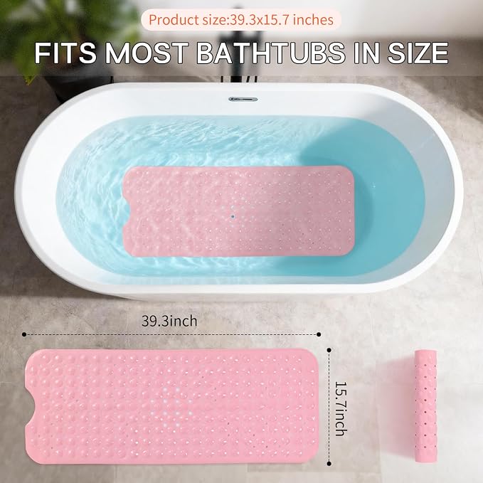 Anti-Slip Bathtub Shower mat, 40×16 inch（ 100 × 40cm） Soft Oversized Machine Washable Non-Slip Bathtub mat with Drainage Holes, Bathroom Floor Suction Cup.（1-Opaque Pink）