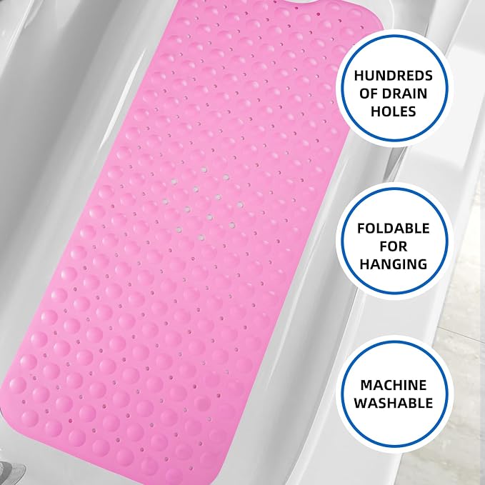 ZHICHENG Bath Tub and Shower Mats, Non-Slip 39 x 16 Inch Extra Long Bath Mat, Machine Washable Bathtub Mat with Drain Holes, Suction Cups for Bathroom (Pink)