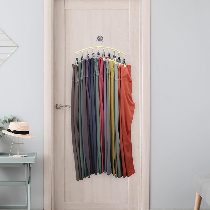 Volnamal Legging Organizer for Closet, Metal Yoga Pants Hangers 4 Pack w/10 Clips Holds 40 Leggings, Space Saving Hanging Closet Organizer w/Rubber Coated Closet Organizers and Storage, Ivory