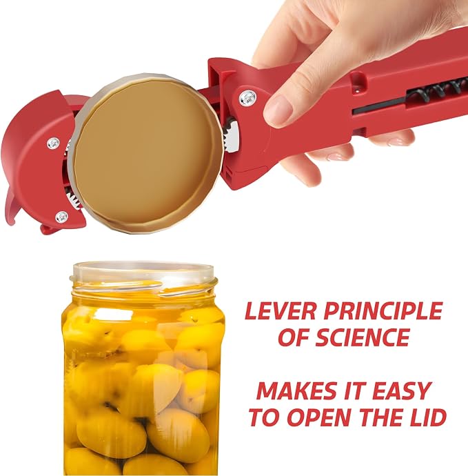 Jar Opener for Seniors with Arthritis, 7 in 1 Bottle Opener and Wine Corkscrew, Easy Grip Kitchen Gadget for Weak Hands Elderly, Retractable Jaw Lid Opener with Magnetic Storage (Red)