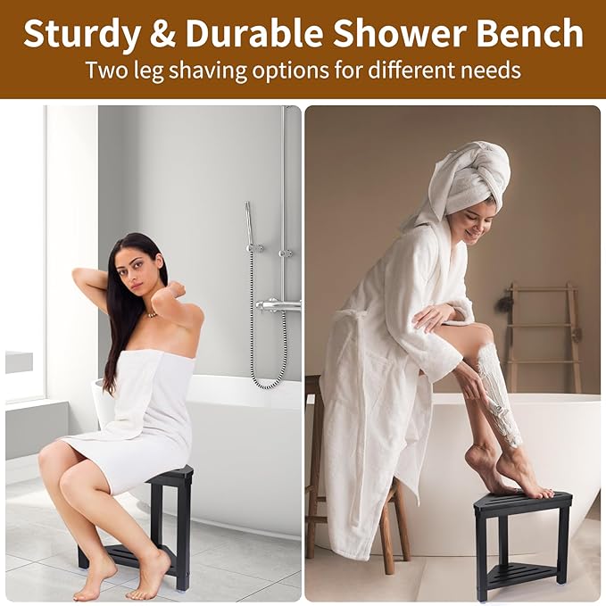 Boulphia Shower Foot Rest 14in, Acacia Wood Shower Stool for Shaving Legs (Black)
