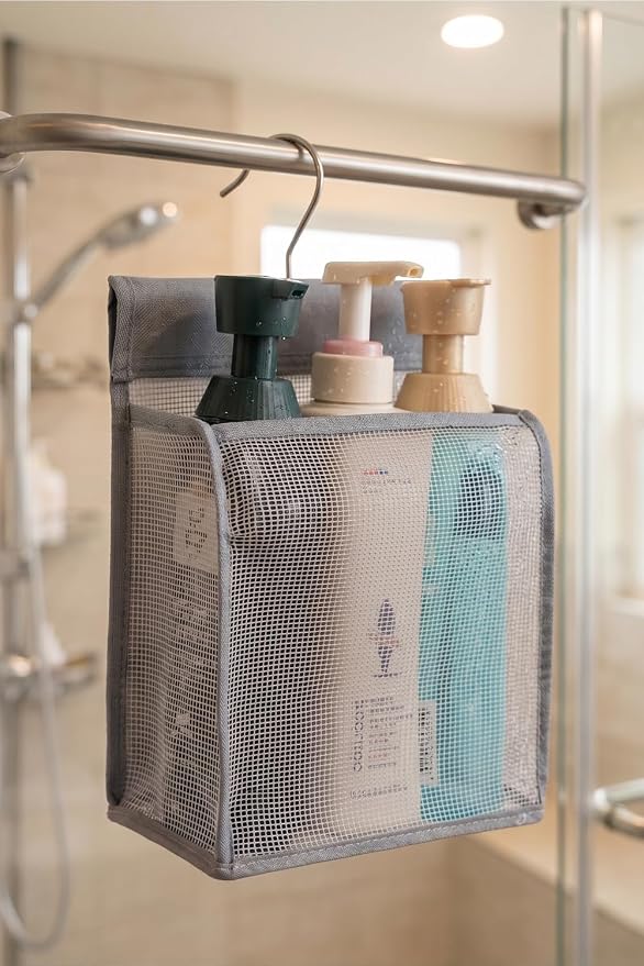 ALYER Hanging Mesh Shower Caddy Organizer Bathroom Storage Bag with Hooks for College Dorm, Gym, Swimming,RV and Travel,Gray
