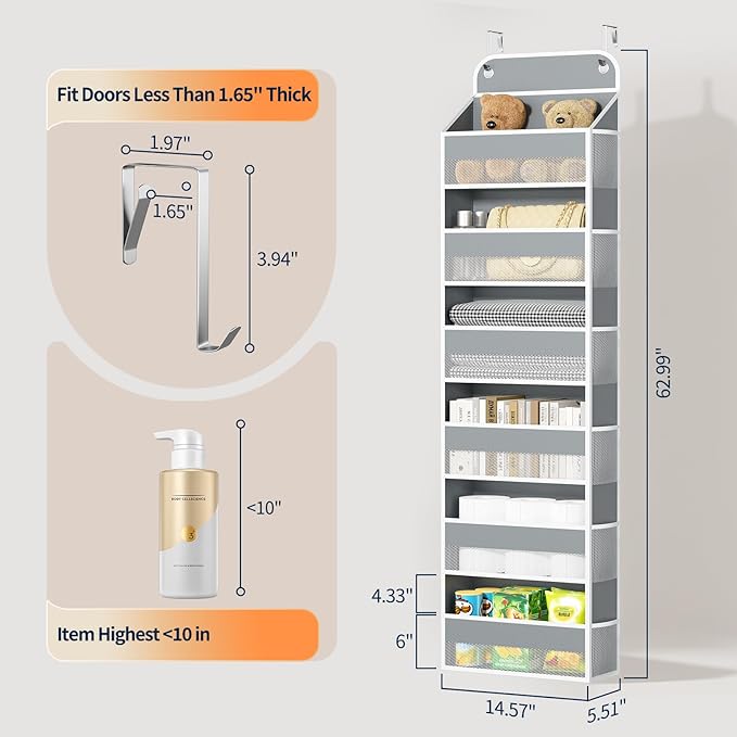Yecaye Over Door Organizer, 60 lbs Load Capacity, Metal Hanging Storage with 6 Shelves for Toys, Bathroom, Nursery, Dorm Room, Grey,1Pc