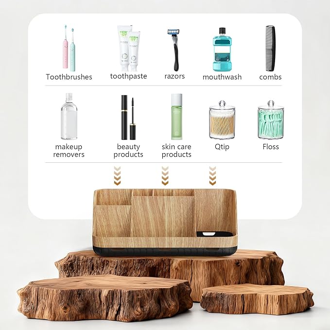 GFWARE Bathroom Toothbrush Holder Set with 2 Pack Qtip Holder Dispenser - 7 Slots Kids Bathroom Accessory Sets with Drainage, Q Tip Holder for Bathroom Sink Counter Accessories Set