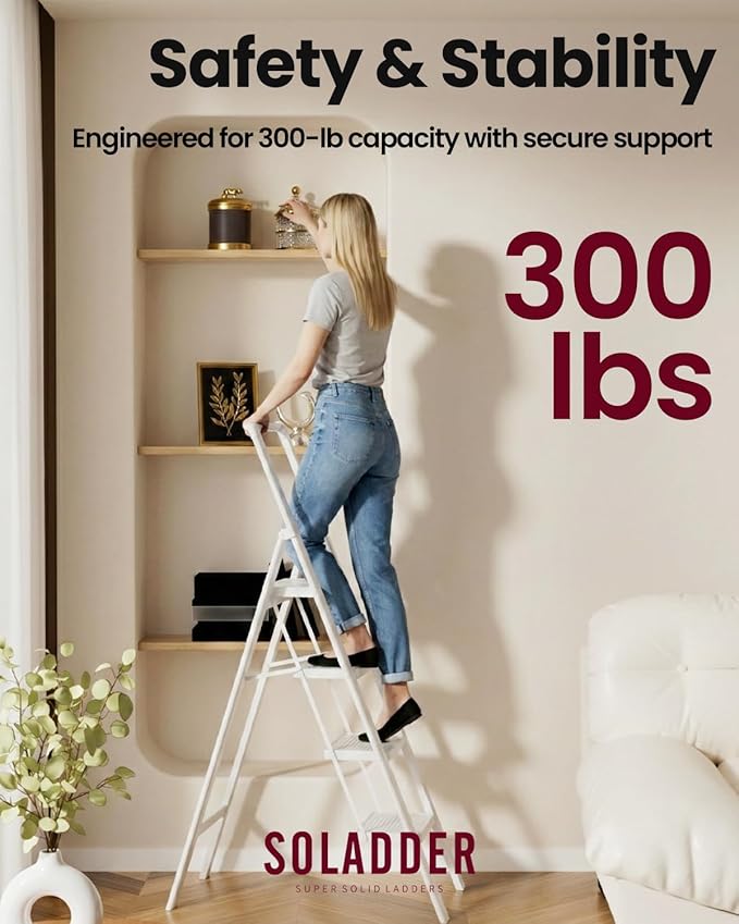 SOLADDER Step Ladder 4 Step Folding Stool with Anti-Slip Widened Sturdy Pedal and Handgrip, Portable and Multi-Use Iron Stepladder for Home, Kitchen, 300 lbs Capacity -Pure White