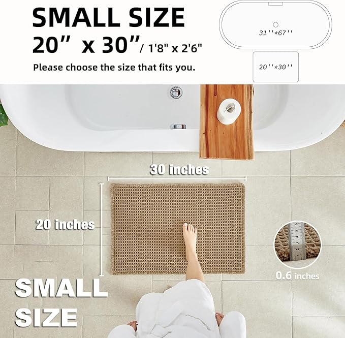 TYUU Waffle Bath Mat, Boho Bathroom Rugs Non Slip Washable Super Absorbent Quick Dry Farmhouse Bathroom Decor, 30"x20" Khaki