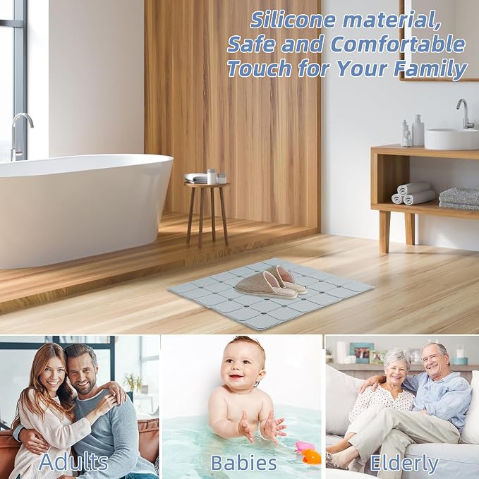 Shower Mat Non Slip 21"x21" Silicone Foldable Bath Mat with Suction Cups & Drain Holes, Odorless, Eco-Friendly & Durable, Machine Washable Shower Stall Mat for Adults, Seniors Grey
