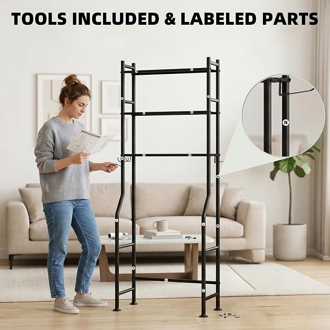 GloTika 3-Tier Over Toilet Storage with 2 Basket & Anti-Tilt System - 150lb Total Capacity Metal Bathroom Shelves Including Paper Holder & 4 Hooks, Space Saving Above Commode Organizer (64" H, Black)