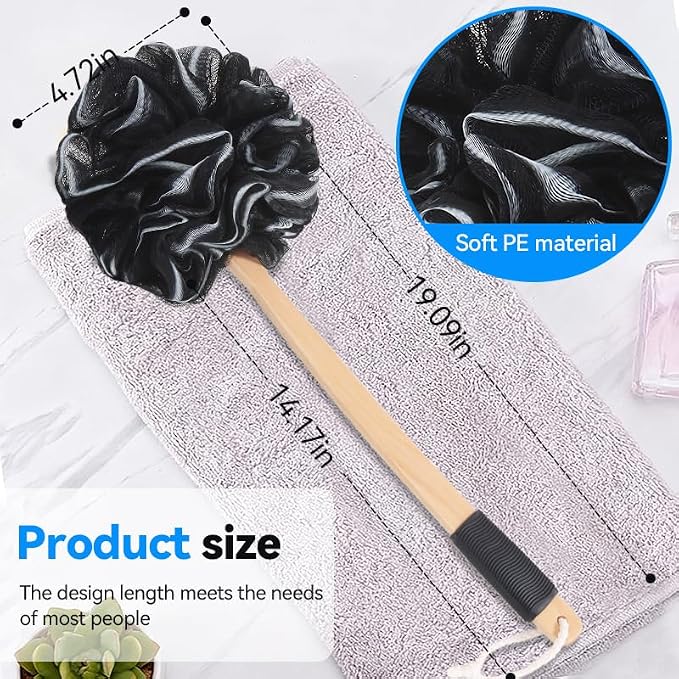 FORENEE Long Loofah with Handle, Back Scrubber for Shower, Loofah on a Stick (19.09"), Black & White 4.72" Jumbo Mesh PE Pouf, Waterproof Coated Wooden Handle, Non-Slip Grip, Hanging Loop, Men & Women