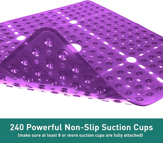 Large Square Shower Mat 27 x 27 Inch Clear Purple, Non Slip Shower Bathtub Mats for Inside Shower With Big Suction Cups Drain Holes, Anti Slip Bathroom Floor Stall Mats, Easy Clean, BPA-Free