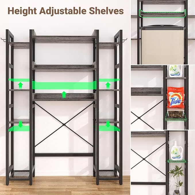 Besiost Over The Toilet Storage, 11 Tier Bathroom Organizer with Dual Side Racks and 2 Fabric Drawers, Adjustable Freestanding Rack Space Saver for Small Spaces, Grey Oak