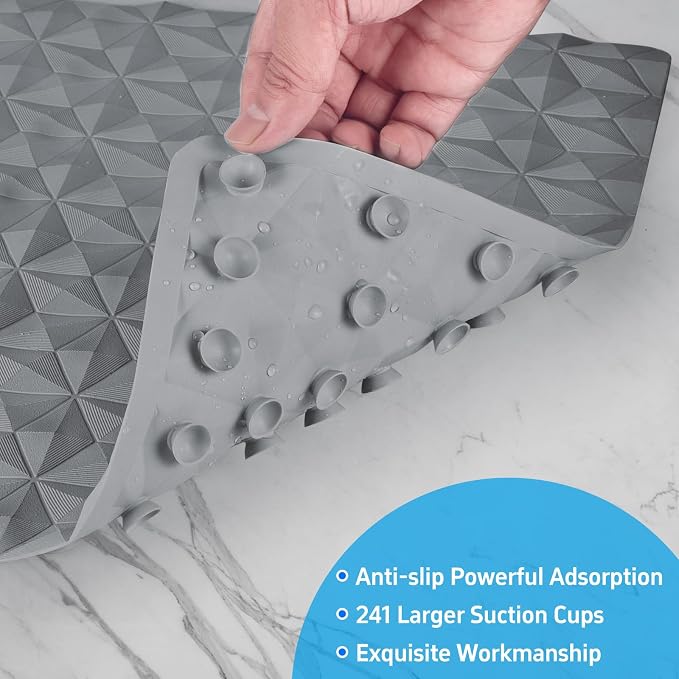 Non Slip Bathtub Mat for Bath Tub Shower - Natural Rubber Mat with 241 Suction Cups - Soft Bathroom Safety Mat - Unique Diamond Pattern - Fatigue Relief - Machine Washable - 16 × 28 Inch