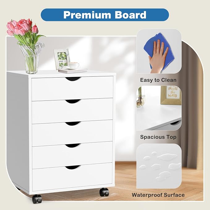 OLIXIS 5 Drawer Mobile File Cabinet Under Desk Storage Organization with Wheels Vertical Filing Chest Rolling Wood Small Desk Printer Stand for Home Office, 15.75"D x 18.74"W x 25.39"H, White