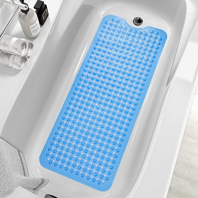 ZHICHENG Bath Tub and Shower Mats, Non-Slip 39 x 16 Inch Extra Long Bath Mat, Machine Washable Bathtub Mat with Drain Holes, Suction Cups for Bathroom (Colour Blue)