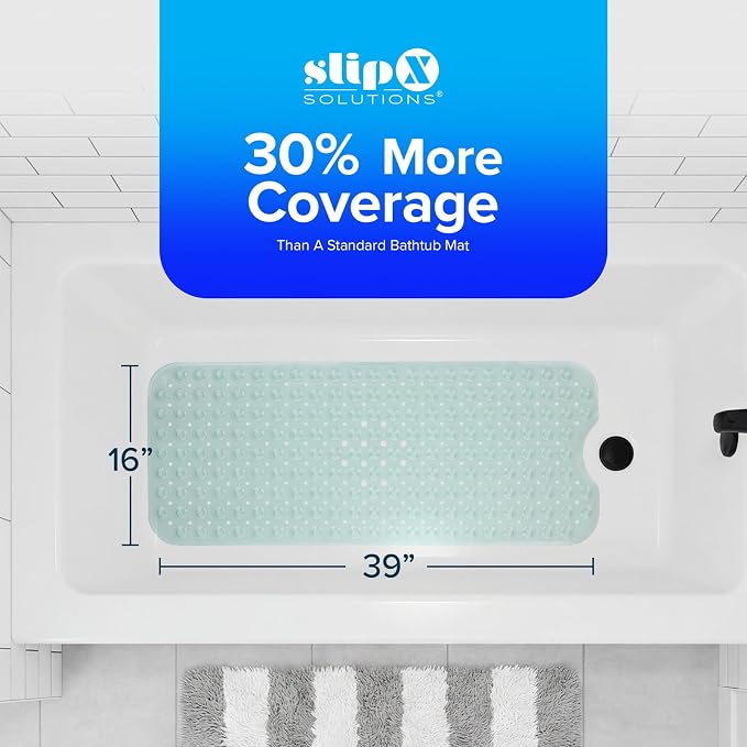 SlipX Solutions Power Grip Extra Long Bath Tub & Shower Mat 39x16, Wet Floor Non-Slip for Elderly & Kids Bathroom, 30% Longer Bathtub Mats, 200 Suction Cups, Drain Holes (1, Translucent Light Green)