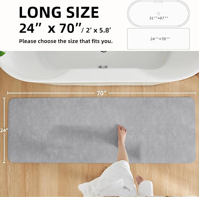TYUU Bathroom Mat Quick Dry, Bathroom Rugs Non Slip Washable Thin Absorbent Bath Mat Fits Under Door Bathroom Floor Mat Perfect for Bath, Shower, or Sink 24"x70" Light Grey