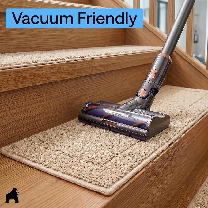 GORILLA GRIP Peel and Stick Stair Treads, 12 Pack, for Wooden Steps, Multi-Surface Use, Machine Washable Carpet Runners, Indoor Rugs for Stairs, Pet Friendly, Universal Size, Beige, 8x28 Inches