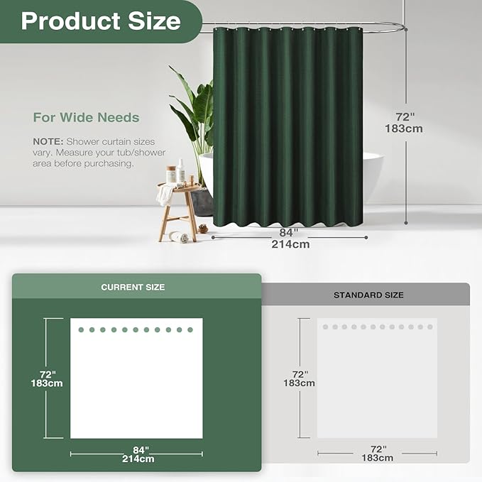 Dynamene Extra Wide Shower Curtain - 84 Inch Wide Waffle Weave Weighted Thick Cloth Bathroom Shower Curtain, Neutral Heavy Duty Hotel Bath Curtain Set with 14 Plastic Hooks, 84x72, Dark Green