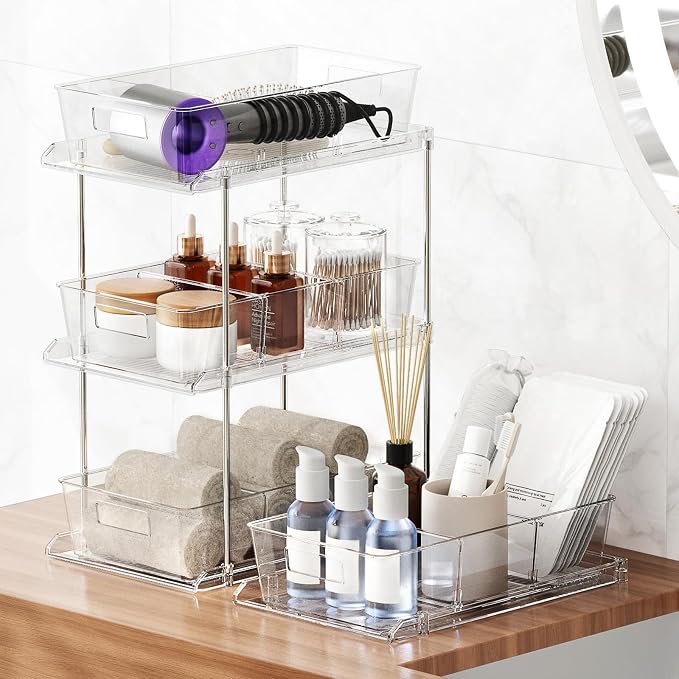 Fabspace Bathroom Organizers and Storage, 2 Tier Under Sink Organizers, Vanity Countertop Pull-out Cabinet Organizer, Storage Container, Multi-Purpose Kitchen Pantry Organization with Dividers,2 Packs