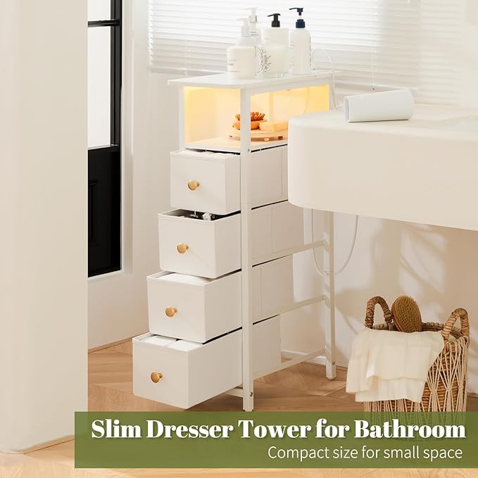 Yoobure LED Narrow Nightstand with Charging Station - Slim Dresser for Bedroom Narrow Side Table Storage Cabinet, Small Dressers Chest of Drawers, Tall Night Stand End Table for Small Spaces, White