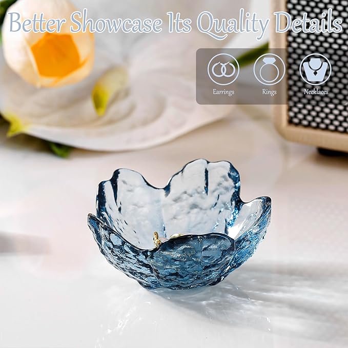 Binoster Blue Flower Glass Ring Dish Jewelry Tray Ring Holder Dish Cute Room Decor Vanity Organizer for Nightstand or Bathroom Aesthetic Trinket Dish Gift for Wife Mom Daughter