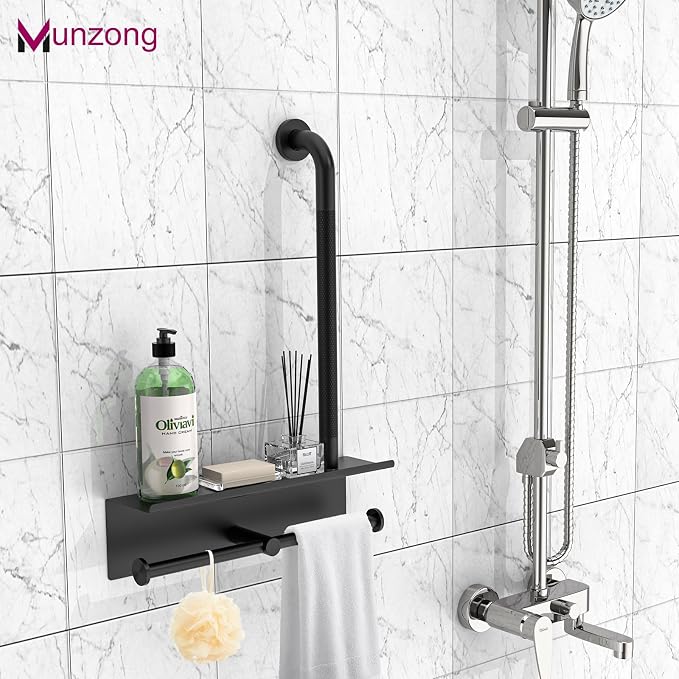Bathroom Grab Bar with Shower Shelves,Munzong Black Toilet Paper Holder 3 in 1 Bathroom Organizers and Storage, Anti Slip Stainless Steel Safety Hand Rail for Handicap Elderly Senior Assist