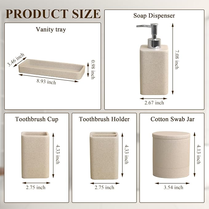 YMXYJM Bathroom Accessories Set, 6 Piece Bathroom Set with Toothbrush Holders, Soap Dispenser, Vanity Tray, Tumbler, Cotton Swab Jars, Bathroom Organizer，Bathroom Sink Sets, Stone Beige