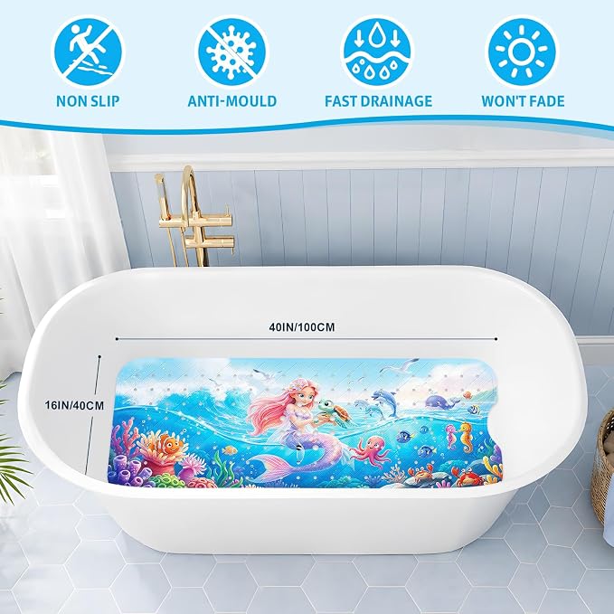 XIYUNTE Baby Bath Mat for Tub Non Slip Kids, BPA Free Extra Long Bathtub Mat 40x16 with Drain Holes and 200 Suction Cups, Non Toxic Machine Washable Toddler Bath Mat, Eco-Friendly Certified