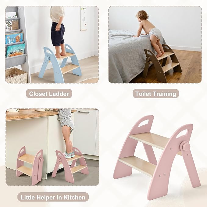 Wooden 2 Step Stool for Kids Bathroom Sink Foldable Anti-Slip 2-Step for Toilet Potty Training, Child Stepping Stool for Kitchen Nursery Bedroom, Sturdy Non Slip Adult Stool for Closet Pink