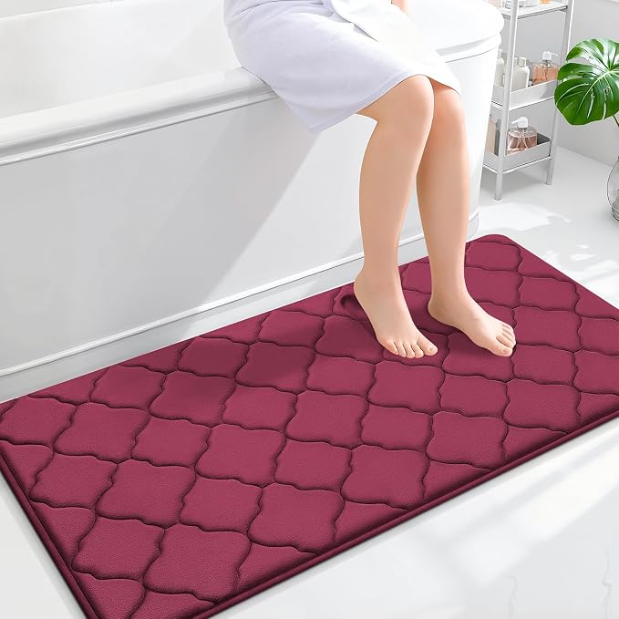 OLANLY Memory Foam Bath Mat Rug 47x24, Ultra Soft and Absorbent Bathroom Rugs, Non-Slip, Comfortable, Machine Washable Bath Carpet for Bathroom Floor, Tub, Shower and Home Decor Accessories, Burgundy