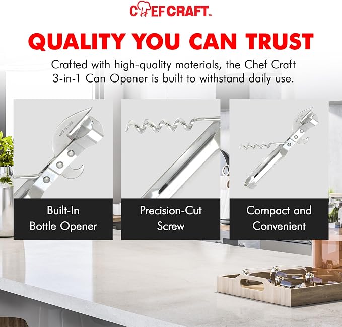 Chef Craft Select 3-in-1 Can Opener, 6 inches in length, Stainless Steel