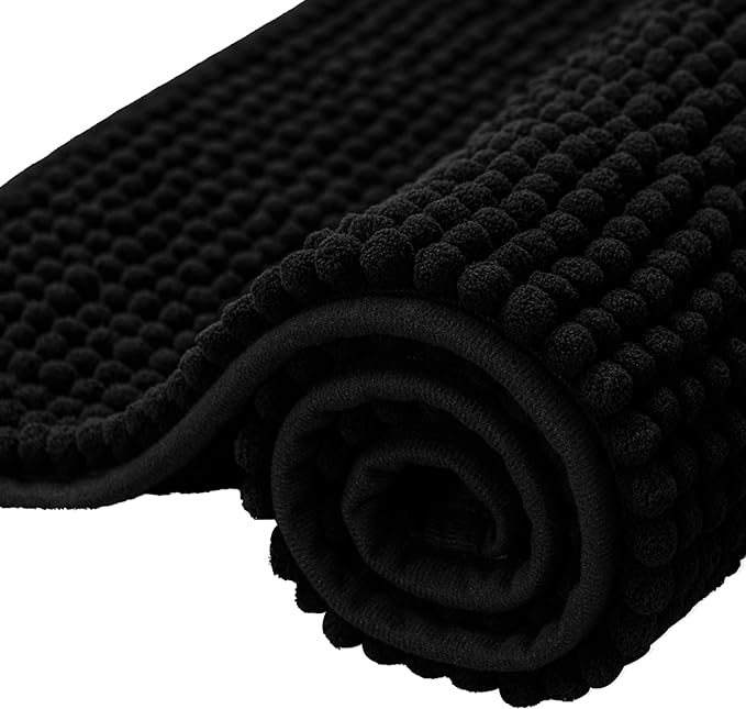 SUBRTEX Bathroom Rugs, 20" x 32" Chenille Bath Rug Soft Short Plush Bath Mat Soft Shower Mat Water Absorbent Shower Mat Quick Dry Machine Washable, Black
